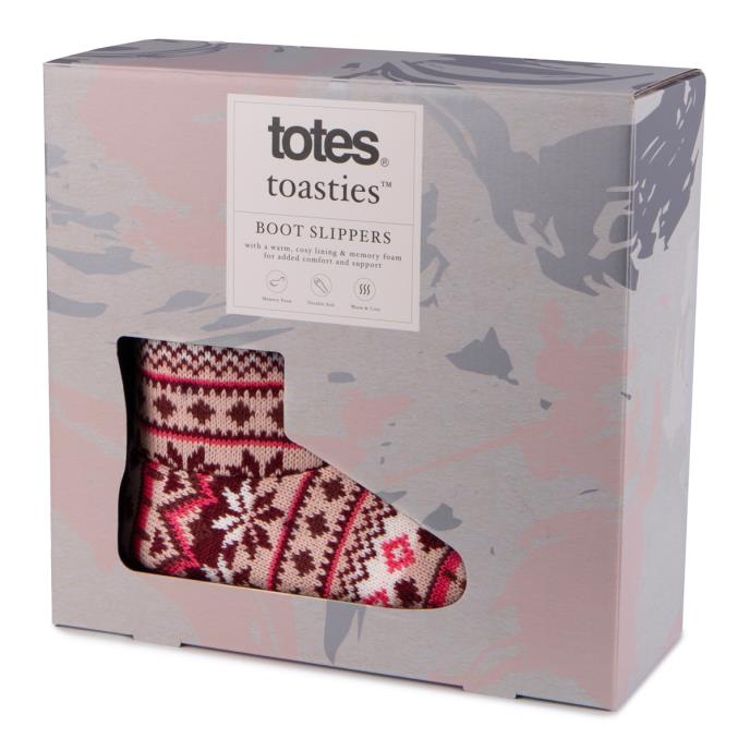 totes toasties® Ladies Fair Isle Knit Boot Slippers With Faux Fur Cuff Fairisle Extra Image 1
